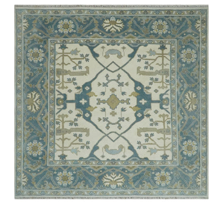 Custom Made Hand Knotted Oriental Oushak Ivory, Teal and Beige Wool Area Rug