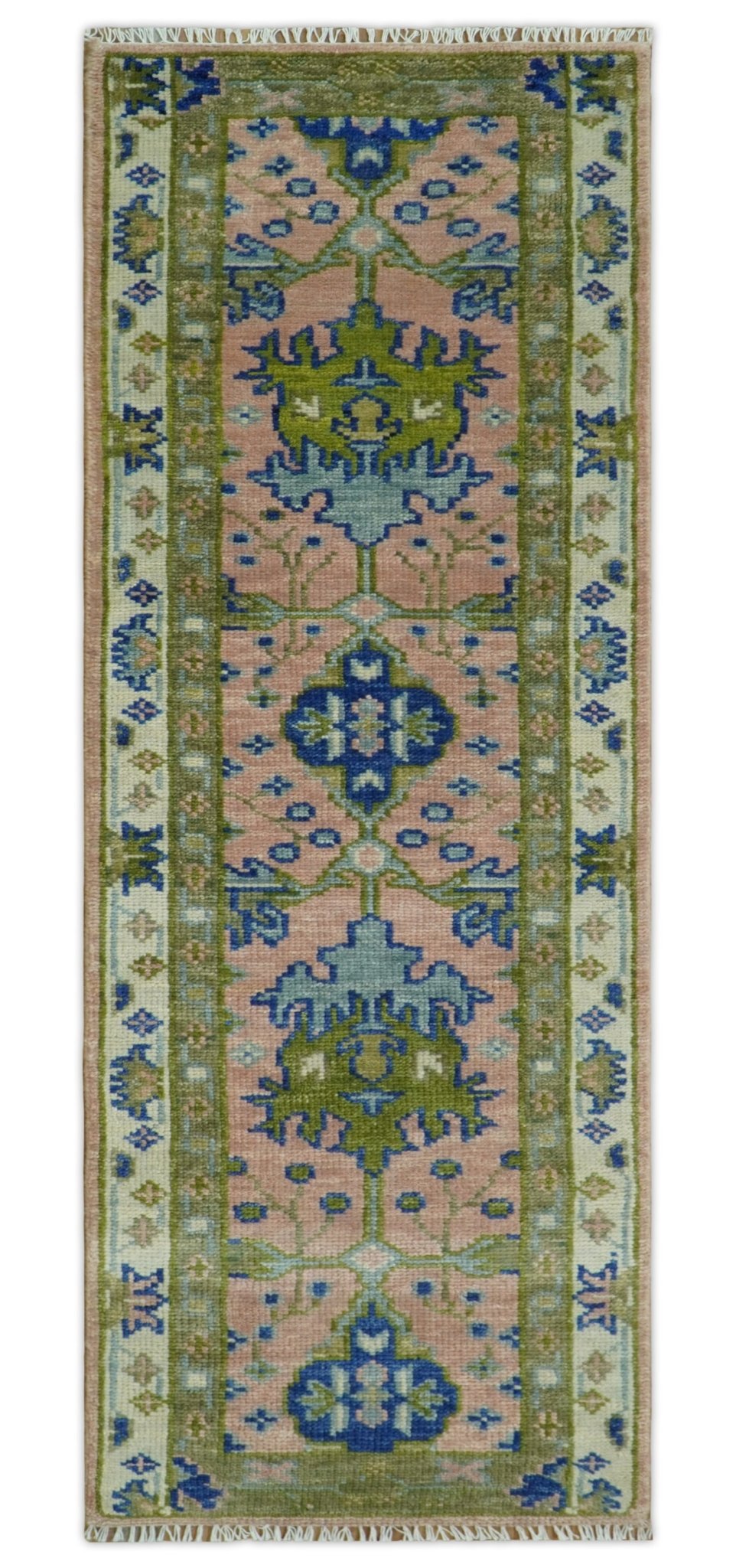 Custom Made Hand knotted Peach, Green and Blue Antique Design Area Rug