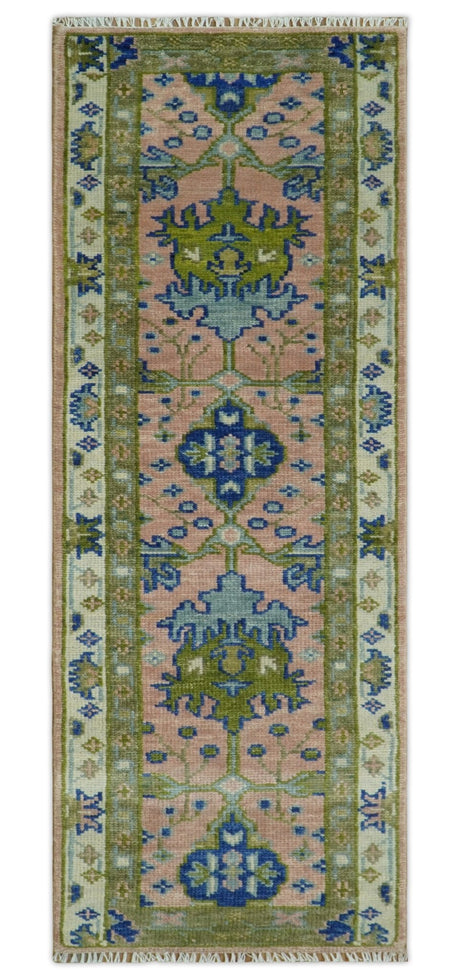 Custom Made Hand knotted Peach, Green and Blue Antique Design Area Rug