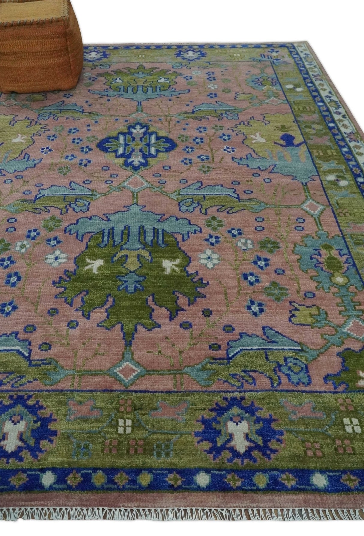 Custom Made Hand knotted Peach, Green and Blue Antique Design Area Rug