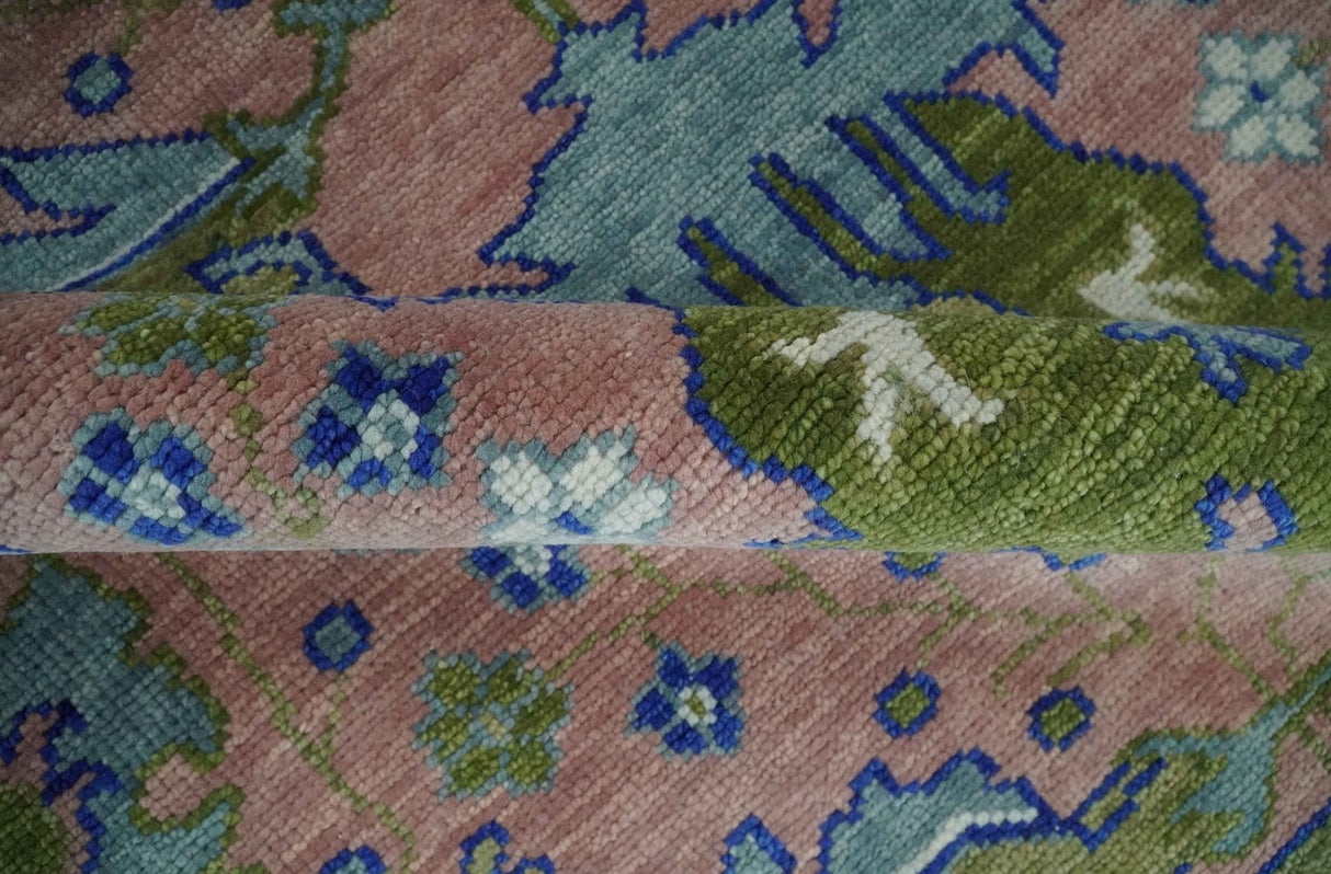 Custom Made Hand knotted Peach, Green and Blue Antique Design Area Rug