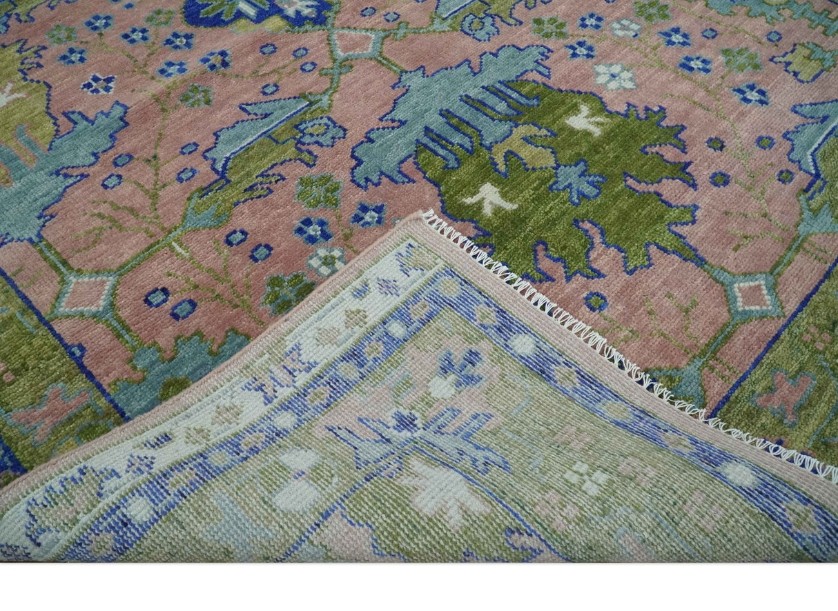 Custom Made Hand knotted Peach, Green and Blue Antique Design Area Rug