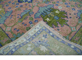 Custom Made Hand knotted Peach, Green and Blue Antique Design Area Rug