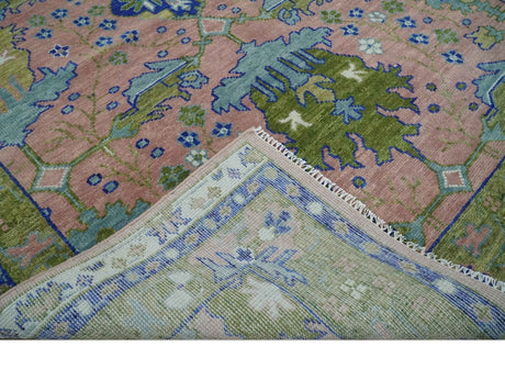 Custom Made Hand knotted Peach, Green and Blue Antique Design Area Rug