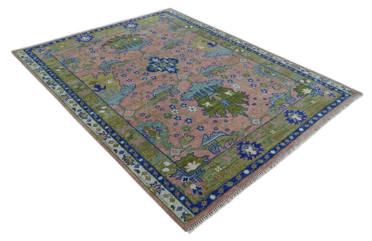Custom Made Hand knotted Peach, Green and Blue Antique Design Area Rug