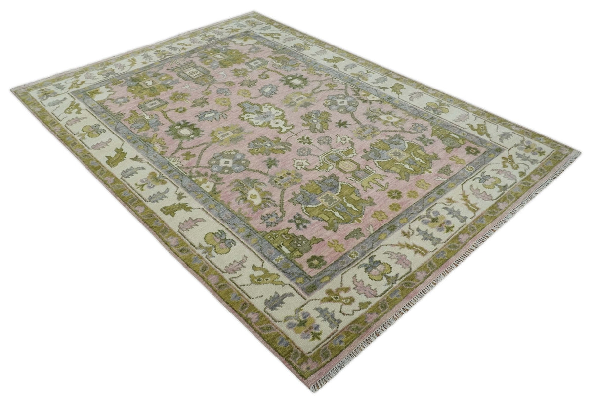 Custom Made Hand Knotted Peach, Ivory and Olive Traditional Style Wool Area Rug