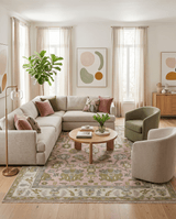 Custom Made Hand Knotted Peach, Ivory and Olive Traditional Style Wool Area Rug