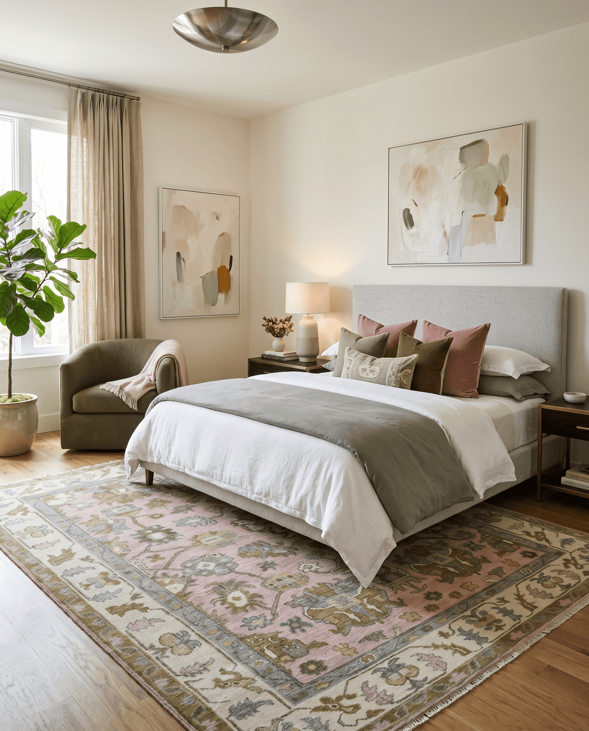Custom Made Hand Knotted Peach, Ivory and Olive Traditional Style Wool Area Rug