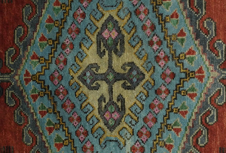 Custom Made Hand Knotted Red, Blue and Olive Traditional Antique Style Wool Rug