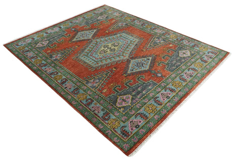 Custom Made Hand Knotted Red, Blue and Olive Traditional Antique Style Wool Rug