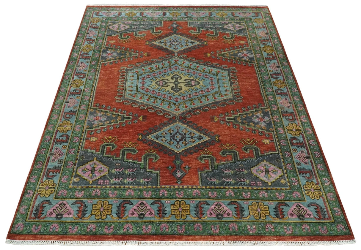 Custom Made Hand Knotted Red, Blue and Olive Traditional Antique Style Wool Rug