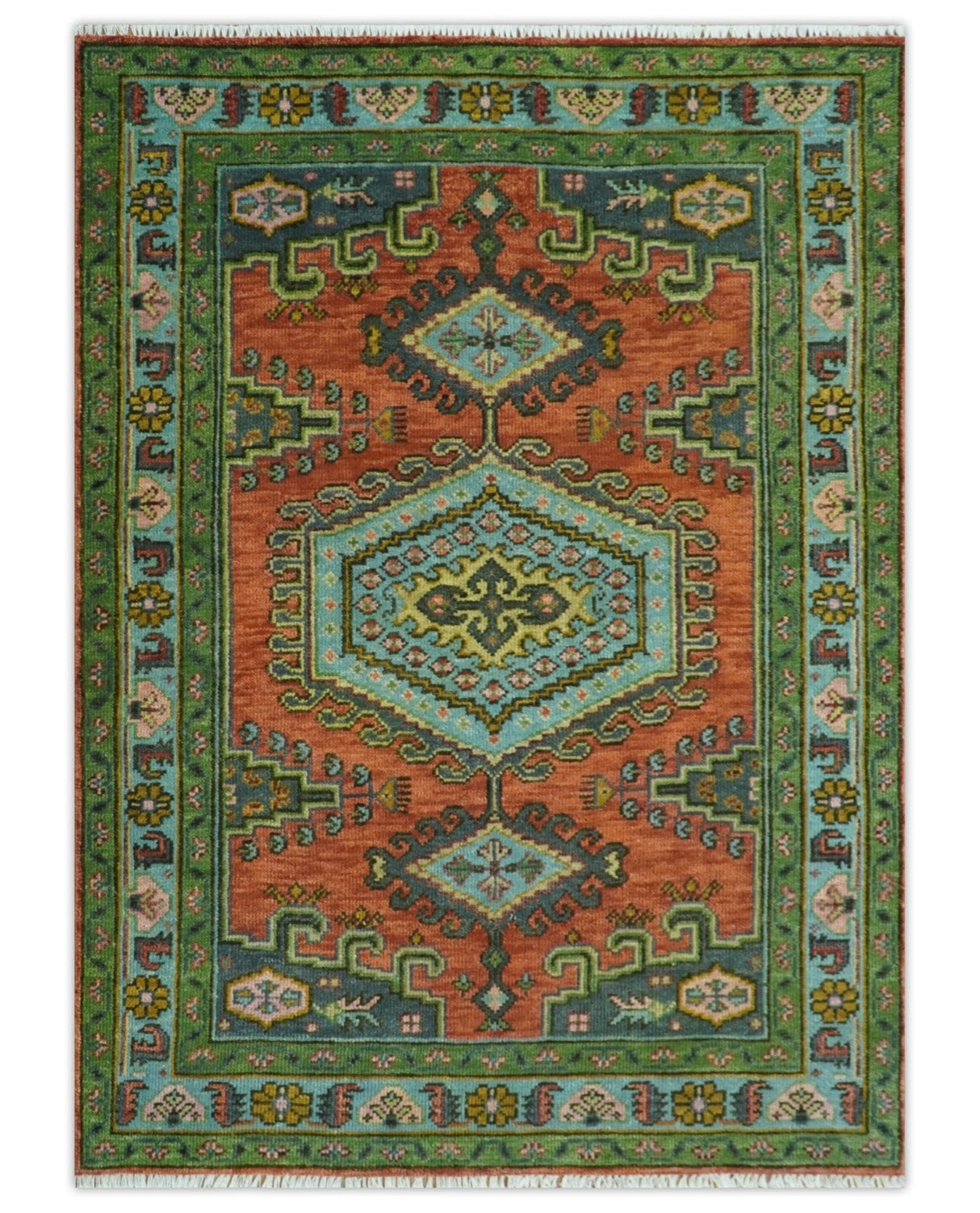 Custom Made Hand Knotted Red, Blue and Olive Traditional Antique Style Wool Rug