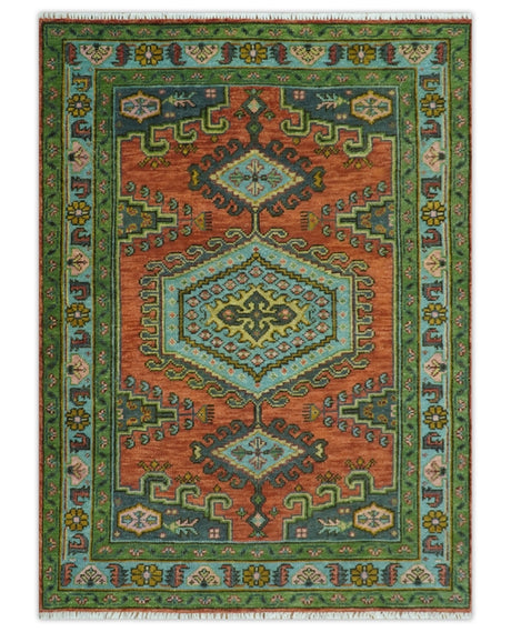 Custom Made Hand Knotted Red, Blue and Olive Traditional Antique Style Wool Rug