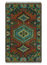 Custom Made Hand Knotted Red, Blue and Olive Traditional Antique Style Wool Rug