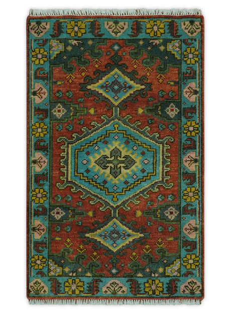 Custom Made Hand Knotted Red, Blue and Olive Traditional Antique Style Wool Rug