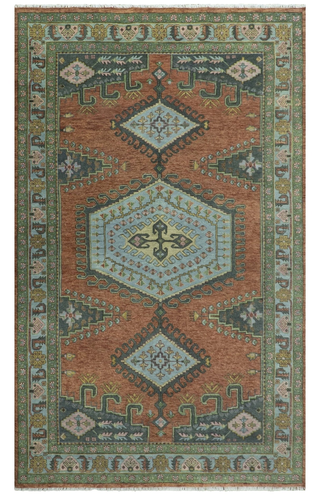 Custom Made Hand Knotted Red, Blue and Olive Traditional Antique Style Wool Rug