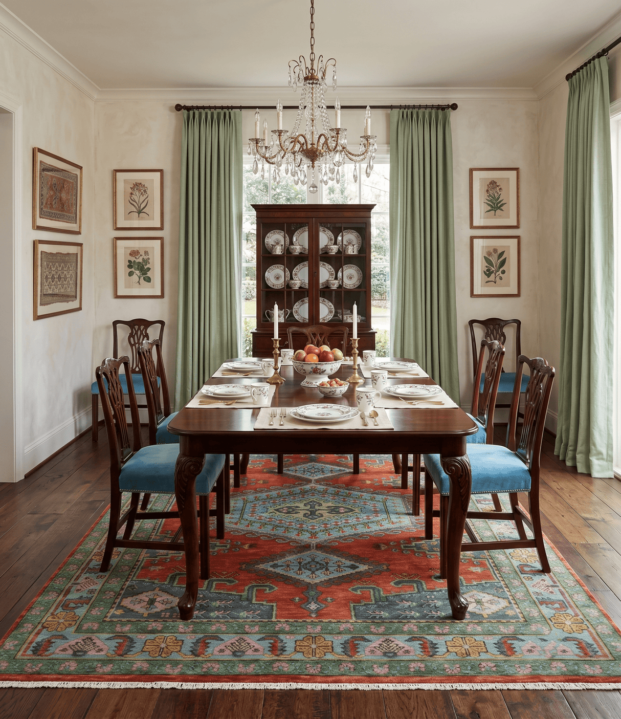 Custom Made Hand Knotted Red, Blue and Olive Traditional Antique Style Wool Rug