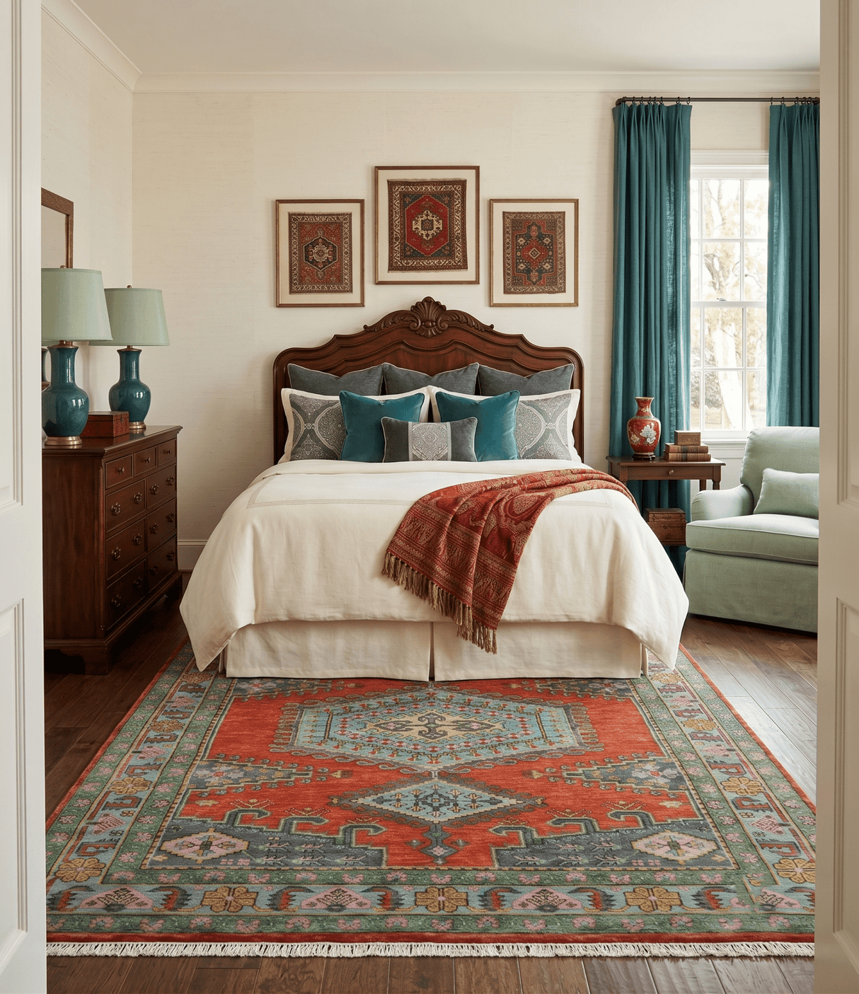 Custom Made Hand Knotted Red, Blue and Olive Traditional Antique Style Wool Rug