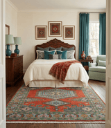 Custom Made Hand Knotted Red, Blue and Olive Traditional Antique Style Wool Rug