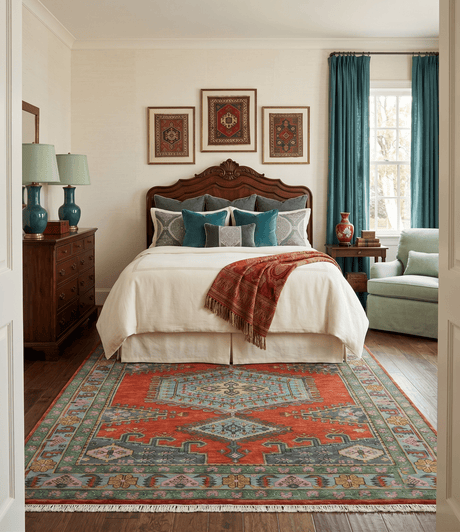 Custom Made Hand Knotted Red, Blue and Olive Traditional Antique Style Wool Rug