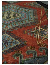 Custom Made Hand Knotted Red, Blue and Olive Traditional Antique Style Wool Rug