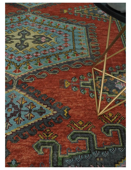 Custom Made Hand Knotted Red, Blue and Olive Traditional Antique Style Wool Rug