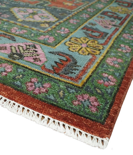 Custom Made Hand Knotted Red, Blue and Olive Traditional Antique Style Wool Rug