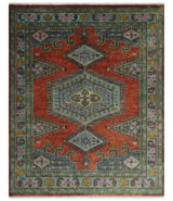 Custom Made Hand Knotted Red, Blue and Olive Traditional Antique Style Wool Rug
