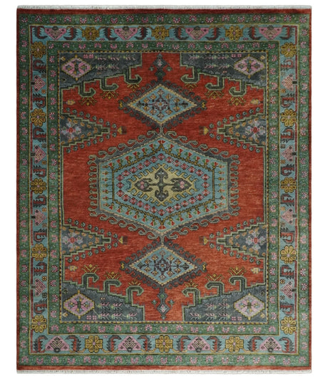 Custom Made Hand Knotted Red, Blue and Olive Traditional Antique Style Wool Rug