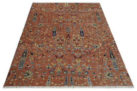 custom Made Hand Knotted Rust and Beige Traditional Turkish Knot Oushak Wool Rug