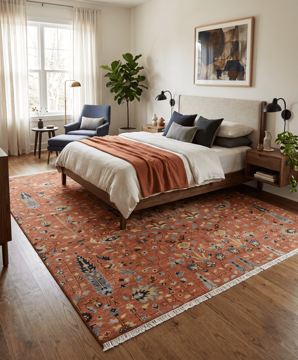 custom Made Hand Knotted Rust and Beige Traditional Turkish Knot Oushak Wool Rug