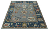 Custom Made Hand Knotted Silver and Blue Colorful Traditional Oushak Wool Area Rug
