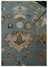 Custom Made Hand Knotted Silver and Blue Colorful Traditional Oushak Wool Area Rug
