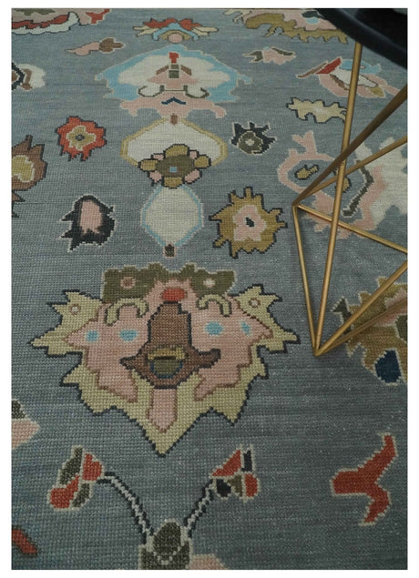Custom Made Hand Knotted Silver and Blue Colorful Traditional Oushak Wool Area Rug