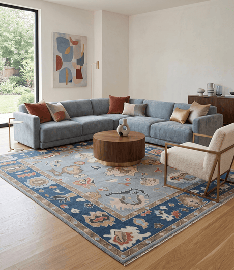 Custom Made Hand Knotted Silver and Blue Colorful Traditional Oushak Wool Area Rug