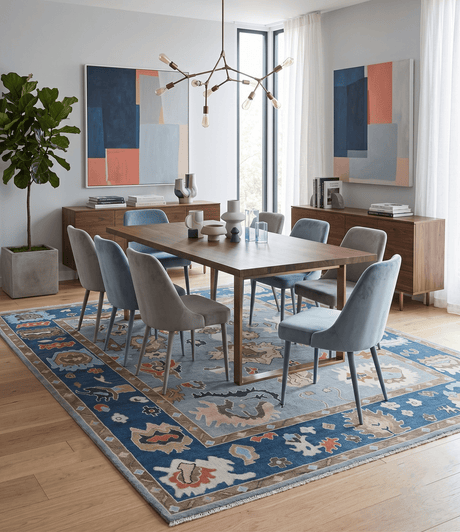Custom Made Hand Knotted Silver and Blue Colorful Traditional Oushak Wool Area Rug