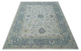 Custom Made Hand Knotted Silver, Blue and Beige Traditional Oushak Wool Area Rug