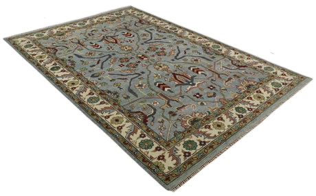 Custom Made Hand Knotted Silver, Olive and Ivory Traditional Oriental Oushak Wool Rug