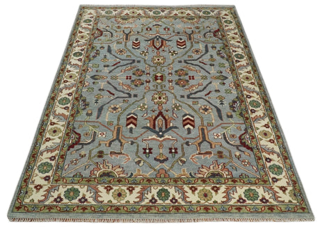 Custom Made Hand Knotted Silver, Olive and Ivory Traditional Oriental Oushak Wool Rug