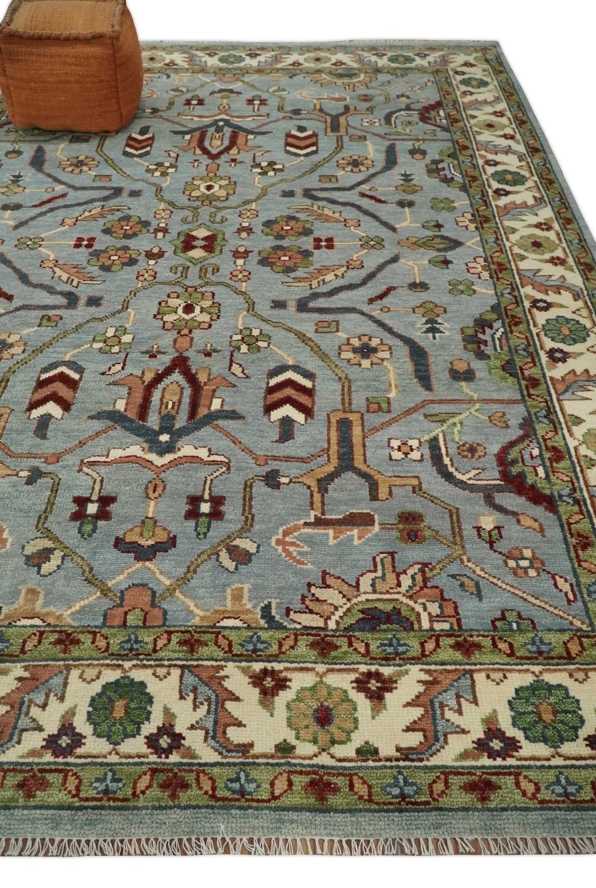 Custom Made Hand Knotted Silver, Olive and Ivory Traditional Oriental Oushak Wool Rug