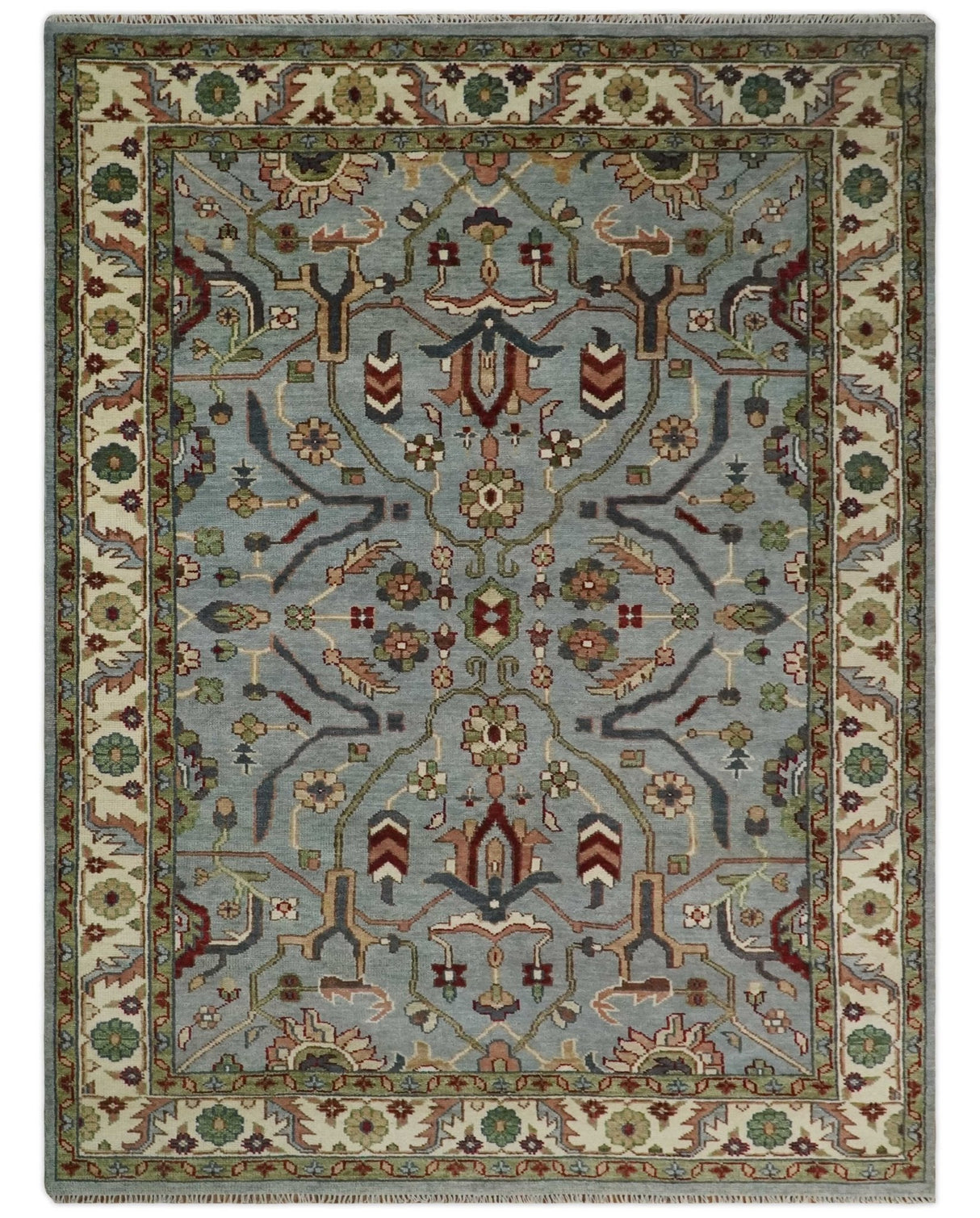 Custom Made Hand Knotted Silver, Olive and Ivory Traditional Oriental Oushak Wool Rug