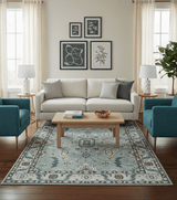 Custom Made Hand Knotted Silver, Teal, Ivory and Brown Traditional Oriental Oushak wool area Rug