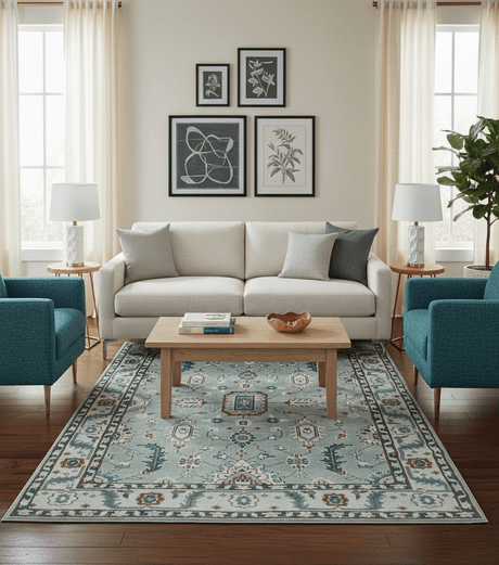 Custom Made Hand Knotted Silver, Teal, Ivory and Brown Traditional Oriental Oushak wool area Rug