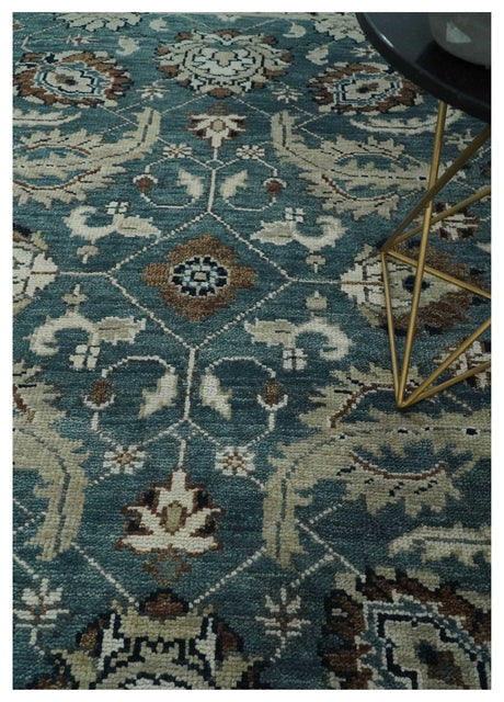Custom Made Hand Knotted Teal and Ivory Traditional Antique Style Wool Area Rug
