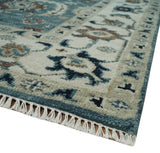 Custom Made Hand Knotted Teal and Ivory Traditional Antique Style Wool Area Rug
