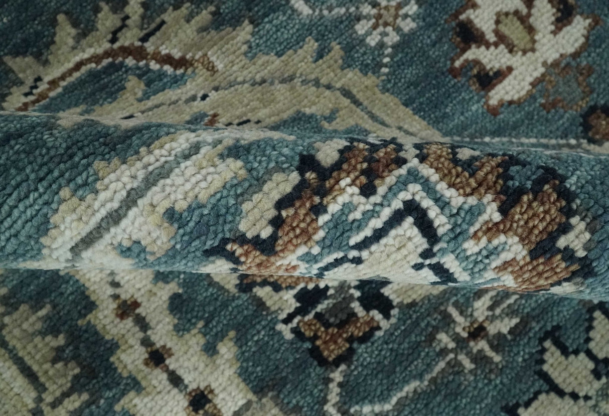 Custom Made Hand Knotted Teal and Ivory Traditional Antique Style Wool Area Rug