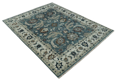 Custom Made Hand Knotted Teal and Ivory Traditional Antique Style Wool Area Rug