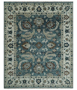 Custom Made Hand Knotted Teal and Ivory Traditional Antique Style Wool Area Rug