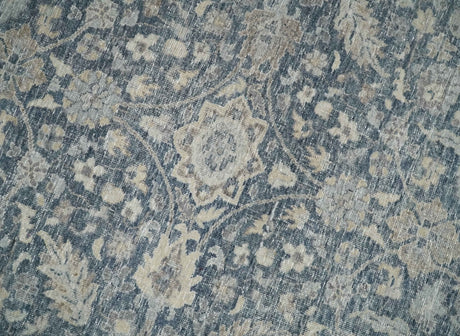 Custom Made Hand Knotted Traditional Blue and Beige Antique Textured Low Pile Distressed Wool Rug