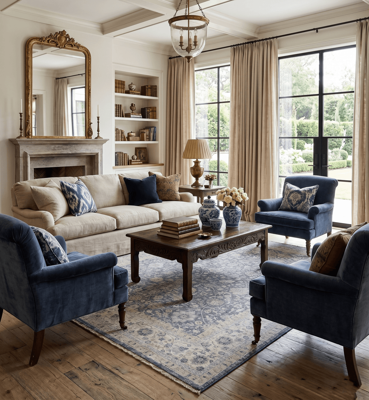 Custom Made Hand Knotted Traditional Blue and Beige Antique Textured Low Pile Distressed Wool Rug